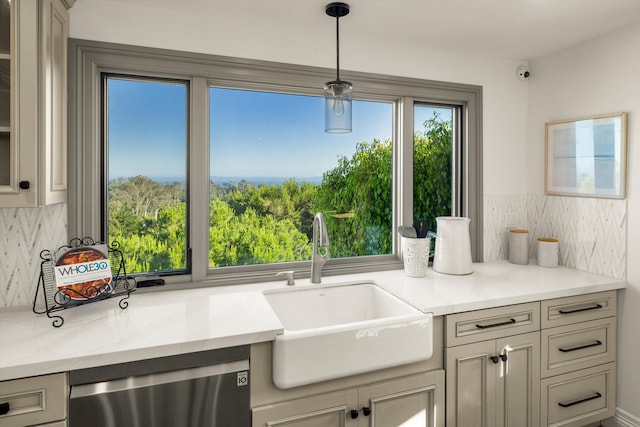 1157 Glenview Rd, Montecito, CA 93108 - kitchen featuring stainless steel dishwasher, decorative backsplash, decorative light fixtures, and glass insert cabinets