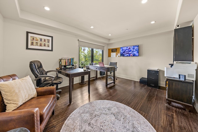 1151 Glenview Rd, Montecito, CA 93108 - office area featuring a tray ceiling, dark wood-style flooring, and recessed lighting
