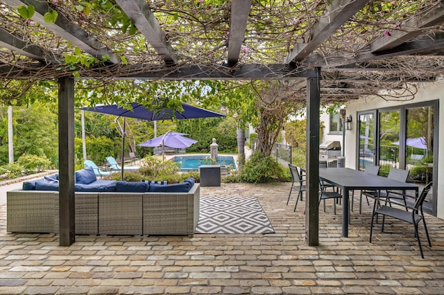 1151 Glenview Rd, Montecito, CA 93108 - view of patio / terrace featuring an outdoor living space, an outdoor pool, outdoor dining area, and area for grilling