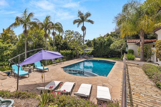 1151 Glenview Rd, Montecito, CA 93108 - view of swimming pool with a patio area, a pool with connected hot tub, and view of wooded area