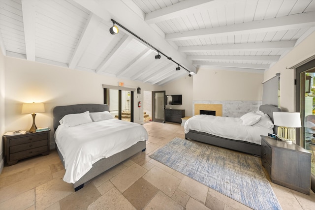 1151 Glenview Rd, Montecito, CA 93108 - bedroom with stone tile floors, wooden ceiling, and a fireplace