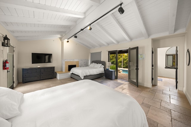 1151 Glenview Rd, Montecito, CA 93108 - bedroom featuring access to outside, stone tile flooring, wooden ceiling, and rail lighting