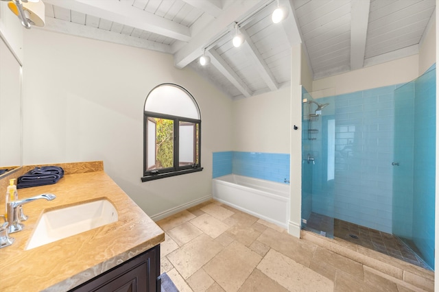 1151 Glenview Rd, Montecito, CA 93108 - bathroom featuring tiled shower, a bath, vanity, stone tile flooring, and wooden ceiling