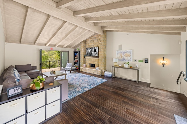 1151 Glenview Rd, Montecito, CA 93108 - living room with dark wood-style floors, a fireplace, and wood ceiling