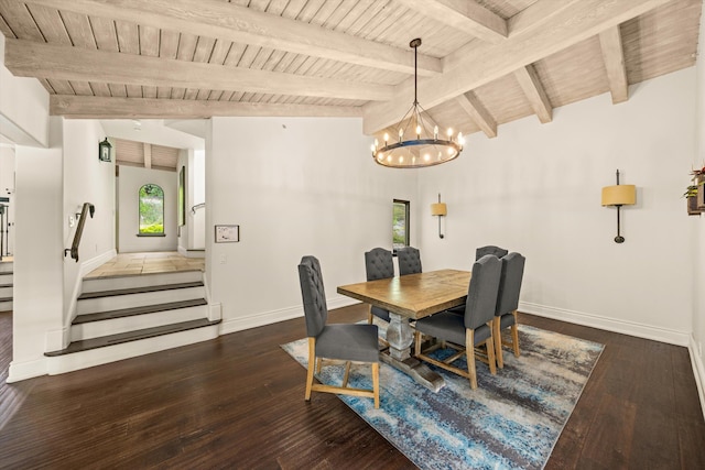 1151 Glenview Rd, Montecito, CA 93108 - dining space featuring a wood ceiling with exposed beams, a chandelier, hardwood / wood-style floors, and stairway