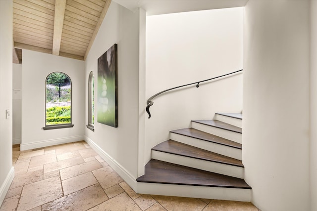 1151 Glenview Rd, Montecito, CA 93108 - staircase with wood ceiling and stone tile flooring