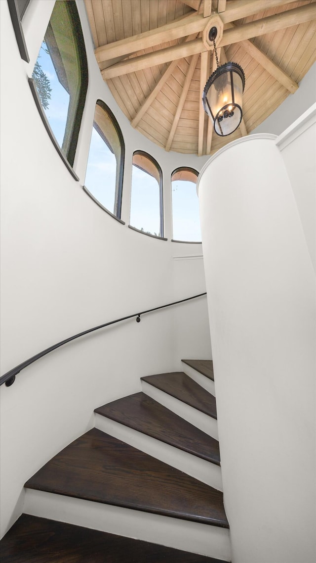 1151 Glenview Rd, Montecito, CA 93108 - stairway featuring a wood ceiling with exposed beams and healthy amount of natural light