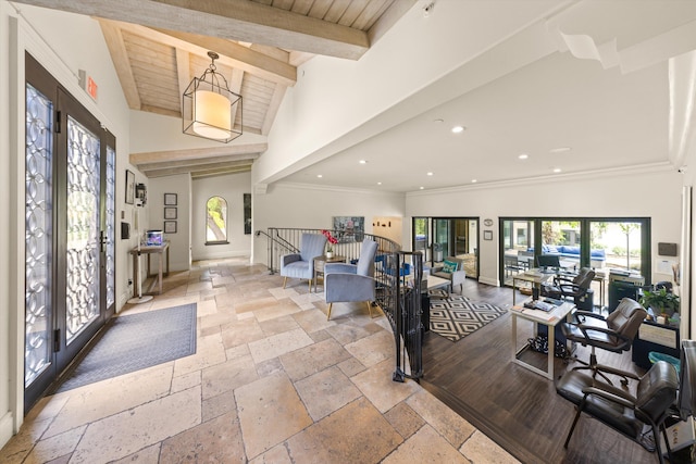 1151 Glenview Rd, Montecito, CA 93108 - entryway featuring stone tile floors, french doors, recessed lighting, high vaulted ceiling, and a wooden ceiling with exposed beams