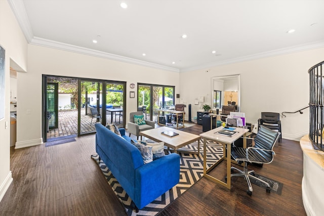 1151 Glenview Rd, Montecito, CA 93108 - living room featuring wood finished floors, stairs, recessed lighting, and crown molding