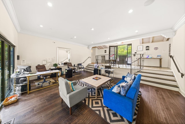 1151 Glenview Rd, Montecito, CA 93108 - living area featuring wood finished floors, an office area, stairway, recessed lighting, and ornamental molding