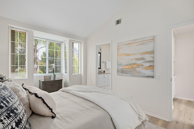 3773 Greggory Way Unit 2, Santa Barbara, CA 93105 - bedroom featuring light wood-style floors, baseboards, vaulted ceiling, and ensuite bath