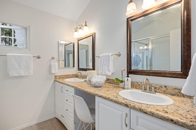 3773 Greggory Way Unit 2, Santa Barbara, CA 93105 - full bathroom with double vanity, lofted ceiling, tile patterned flooring, an enclosed shower, and baseboards