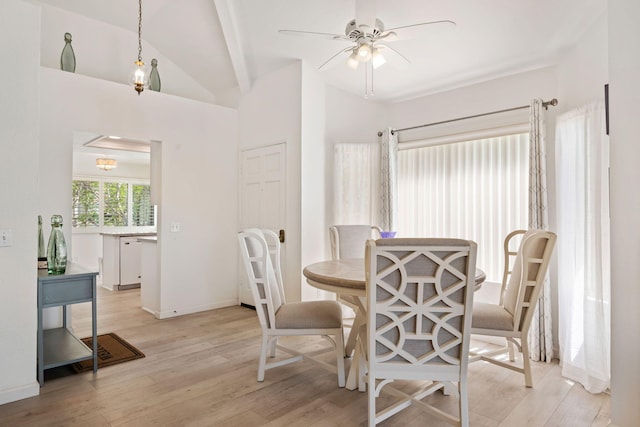 5965 Paseo Encantada, Camarillo, CA 93012 - dining space featuring light wood-style flooring, a ceiling fan, lofted ceiling, and baseboards