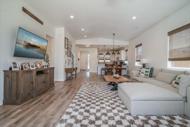 150 White Sage Ln, Lompoc, CA 93436 - living area featuring light wood finished floors, plenty of natural light, lofted ceiling, and recessed lighting