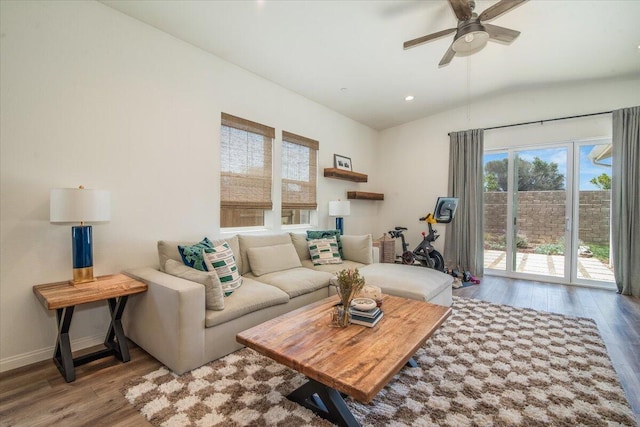 150 White Sage Ln, Lompoc, CA 93436 - living area with wood finished floors, healthy amount of natural light, a ceiling fan, lofted ceiling, and recessed lighting