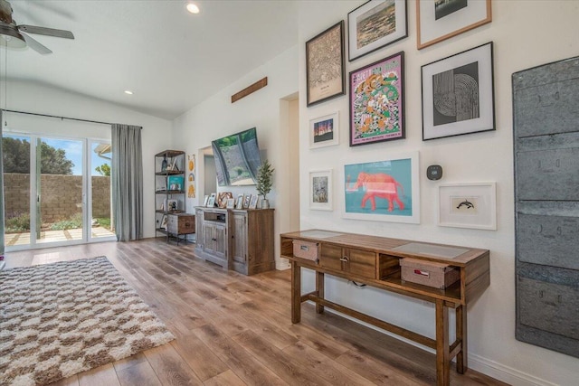 150 White Sage Ln, Lompoc, CA 93436 - sitting room featuring a ceiling fan, vaulted ceiling, wood finished floors, and recessed lighting