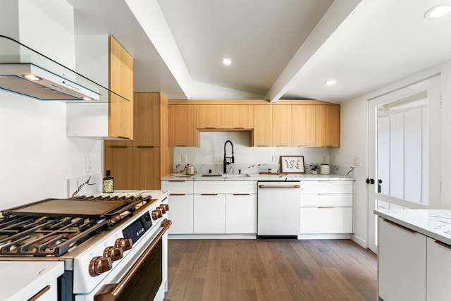 730 Meigs Rd, Santa Barbara, CA 93109 - kitchen featuring white appliances, wall chimney exhaust hood, a sink, hardwood / wood-style flooring, and modern cabinets