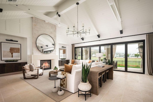 120 Polo Way, Carpinteria, CA 93013 - tiled living area with high vaulted ceiling, a chandelier, a fireplace, and wooden ceiling with exposed beams