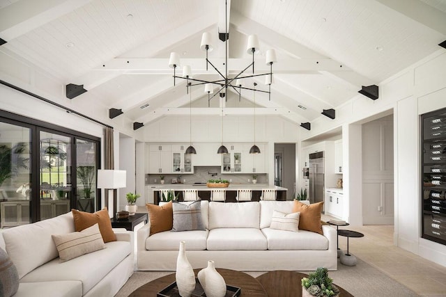 120 Polo Way, Carpinteria, CA 93013 - living room with a chandelier, wooden ceiling with exposed beams, and high vaulted ceiling