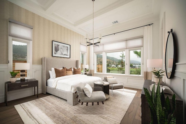 120 Polo Way, Carpinteria, CA 93013 - bedroom featuring dark wood-style flooring, a chandelier, wainscoting, beam ceiling, and a decorative wall