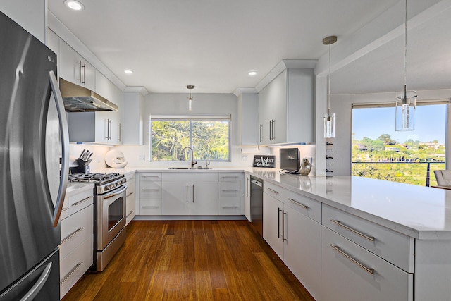 128 Las Alturas Rd, Santa Barbara, CA 93103 - kitchen featuring appliances with stainless steel finishes, under cabinet range hood, a peninsula, dark wood-type flooring, and hanging light fixtures