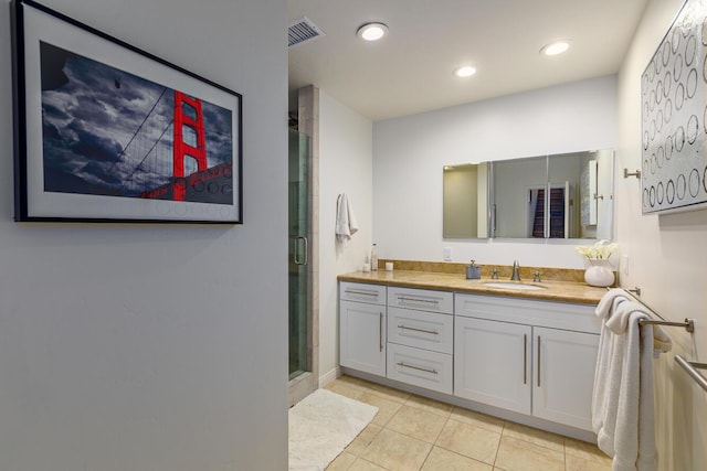 128 Las Alturas Rd, Santa Barbara, CA 93103 - full bathroom featuring vanity, a stall shower, tile patterned flooring, and recessed lighting