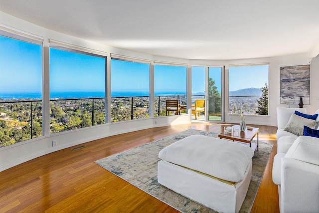 128 Las Alturas Rd, Santa Barbara, CA 93103 - living area featuring healthy amount of natural light, wood finished floors, and a water and mountain view