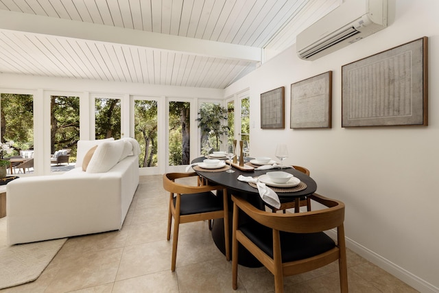 1067 E Mountain Dr, Santa Barbara, CA 93108 - sunroom with an AC wall unit, tile patterned flooring, french doors, and a wood ceiling with exposed beams