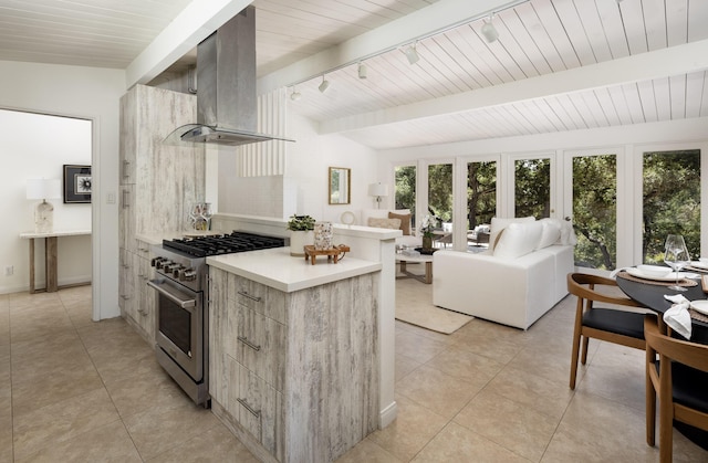 1067 E Mountain Dr, Santa Barbara, CA 93108 - kitchen featuring wall chimney exhaust hood, stainless steel range, modern cabinets, track lighting, and light countertops