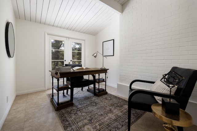 1067 E Mountain Dr, Santa Barbara, CA 93108 - office area featuring french doors, wood ceiling, and light tile patterned flooring