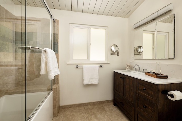 1067 E Mountain Dr, Santa Barbara, CA 93108 - full bathroom featuring vanity, tile patterned floors, shower / bath combination with glass door, and wood ceiling