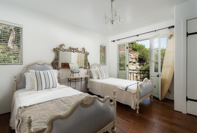 15 Loma Media Rd, Santa Barbara, CA 93103 - bedroom with access to outside, hardwood / wood-style flooring, and a chandelier