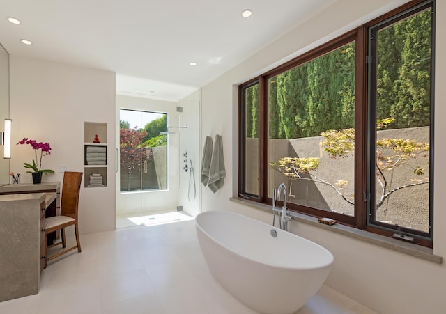 191 E Mountain Dr, Montecito, CA 93108 - bathroom with a soaking tub, recessed lighting, vanity, and tile patterned floors