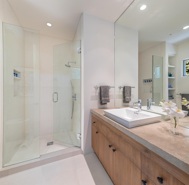 191 E Mountain Dr, Montecito, CA 93108 - bathroom with a shower stall, vanity, tile patterned floors, and recessed lighting