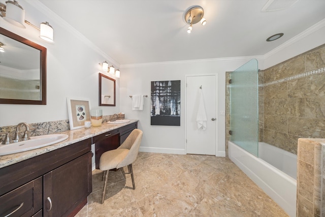 4530 Via Clarice, Santa Barbara, CA 93111 - full bathroom featuring crown molding, double vanity, and shower / bath combination