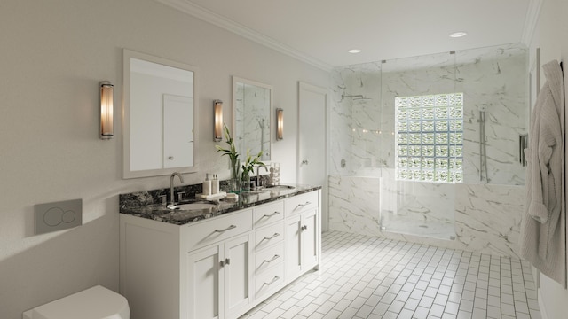 4530 Via Clarice, Santa Barbara, CA 93111 - full bathroom with a marble finish shower, double vanity, crown molding, and recessed lighting