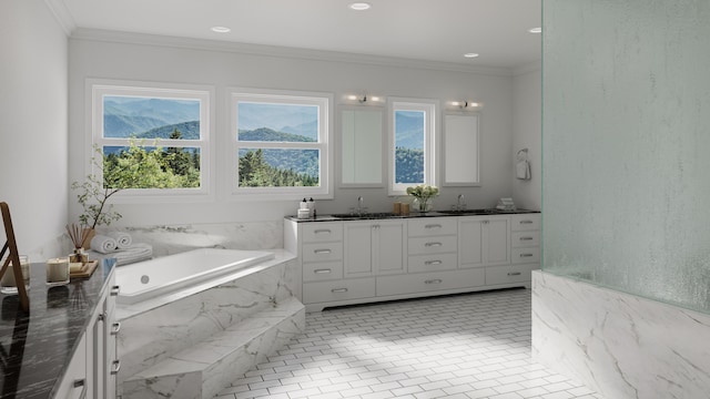 4530 Via Clarice, Santa Barbara, CA 93111 - bathroom featuring double vanity, a garden tub, crown molding, and recessed lighting