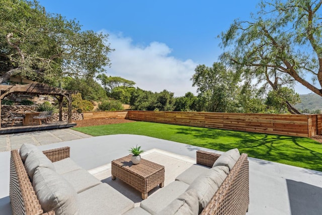 1412 Crestline Dr, Santa Barbara, CA 93105 - fenced backyard featuring an outdoor hangout area, a pergola, and a patio area