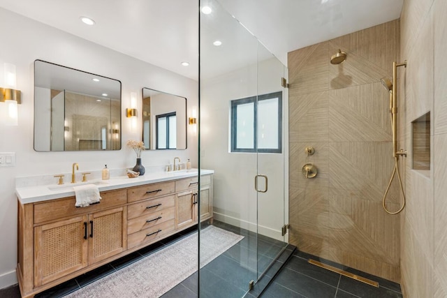 1412 Crestline Dr, Santa Barbara, CA 93105 - bathroom featuring a stall shower, double vanity, tile patterned flooring, and recessed lighting