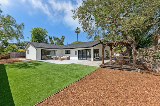 1412 Crestline Dr, Santa Barbara, CA 93105 - back of house with outdoor lounge area, stucco siding, a patio, and a pergola