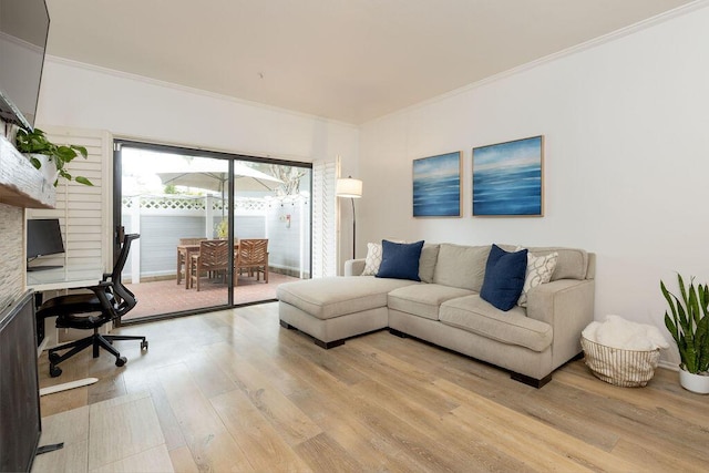 4515 Carpinteria Ave Unit G, Carpinteria, CA 93013 - living area featuring light wood-style flooring, an office area, and ornamental molding