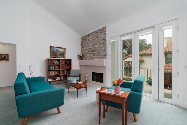 2206 Martinique Ln, Oxnard, CA 93035 - carpeted living area with crown molding, vaulted ceiling, and a fireplace