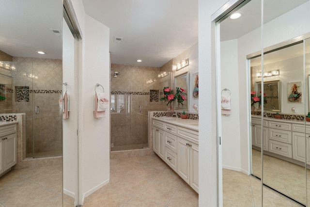 2206 Martinique Ln, Oxnard, CA 93035 - bathroom featuring vanity, tile patterned floors, a shower stall, and recessed lighting
