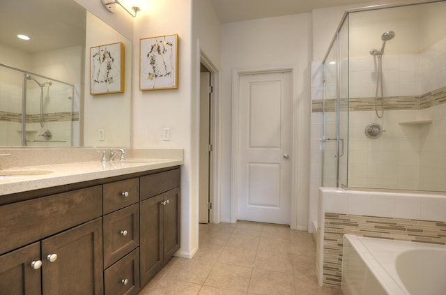 6607 Fathom Way, Goleta, CA 93117 - full bath featuring a stall shower, double vanity, a garden tub, tile patterned floors, and recessed lighting
