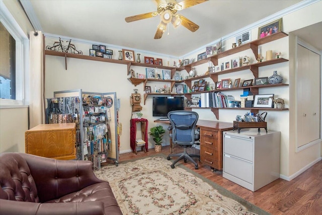 412 Milky Way, Lompoc, CA 93436 - home office featuring ceiling fan, wood finished floors, ornamental molding, and built in study area