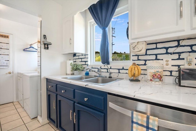 412 Milky Way, Lompoc, CA 93436 - kitchen with dishwasher, decorative backsplash, blue cabinetry, white cabinets, and light tile patterned flooring