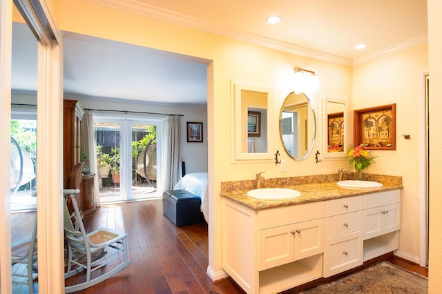 23 La Cumbre Cir, Santa Barbara, CA 93105 - full bathroom with wood-type flooring, double vanity, ornamental molding, and recessed lighting