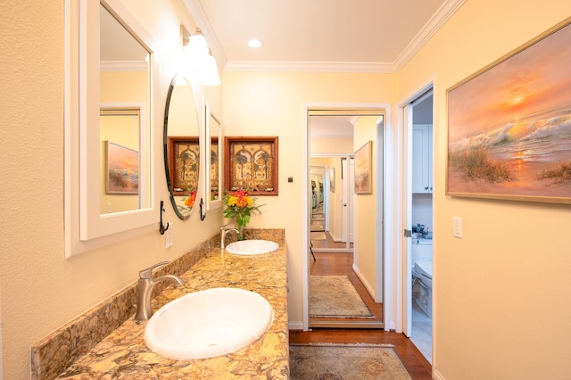 23 La Cumbre Cir, Santa Barbara, CA 93105 - full bath featuring wood finished floors, crown molding, and double vanity