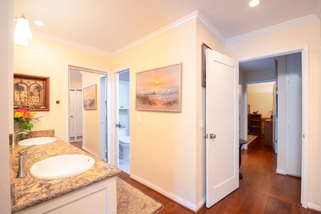 23 La Cumbre Cir, Santa Barbara, CA 93105 - full bathroom with wood-type flooring, crown molding, double vanity, and recessed lighting