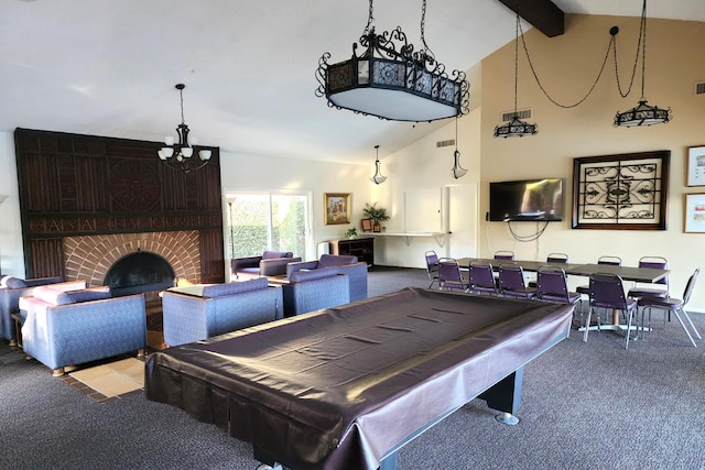 23 La Cumbre Cir, Santa Barbara, CA 93105 - rec room with carpet floors, a fireplace, high vaulted ceiling, beamed ceiling, and a chandelier